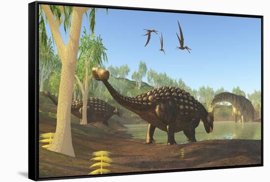 Ankylosaurus Dinosaurs Drink from a Swamp Along with an Argentinosaurus-null-Framed Stretched Canvas