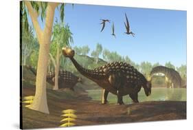 Ankylosaurus Dinosaurs Drink from a Swamp Along with an Argentinosaurus-null-Stretched Canvas