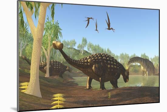 Ankylosaurus Dinosaurs Drink from a Swamp Along with an Argentinosaurus-null-Mounted Premium Giclee Print
