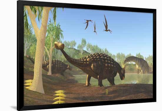 Ankylosaurus Dinosaurs Drink from a Swamp Along with an Argentinosaurus-null-Framed Art Print