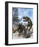 Ankylosaurus Hits Tyrannosaurus Rex with it's Clubbed Tail in Self-Defense-Stocktrek Images-Framed Art Print