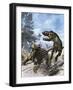 Ankylosaurus Hits Tyrannosaurus Rex with it's Clubbed Tail in Self-Defense-Stocktrek Images-Framed Art Print