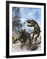 Ankylosaurus Hits Tyrannosaurus Rex with it's Clubbed Tail in Self-Defense-Stocktrek Images-Framed Art Print