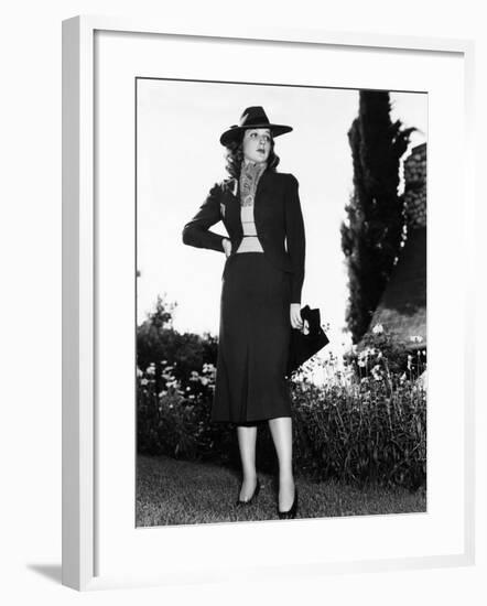 Ann Sheridan in Tile Red Flannel Suit Designed by Howard Shoup with Broad Brimmed Felt Hat, 1938-null-Framed Photo