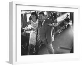 Ann Warner, with Jackie Gleason in Lounge Car of "Gleason Express" Announcing His Return to Tv-Allan Grant-Framed Premium Photographic Print