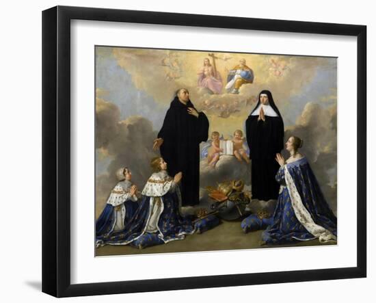 Anna of Austria with Her Children, Praying to the Holy Trinity with Saints Benedict and Scholastica-Philippe De Champaigne-Framed Giclee Print