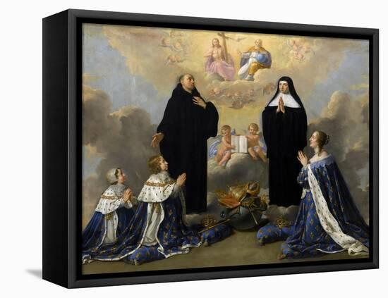 Anna of Austria with Her Children, Praying to the Holy Trinity with Saints Benedict and Scholastica-Philippe De Champaigne-Framed Stretched Canvas