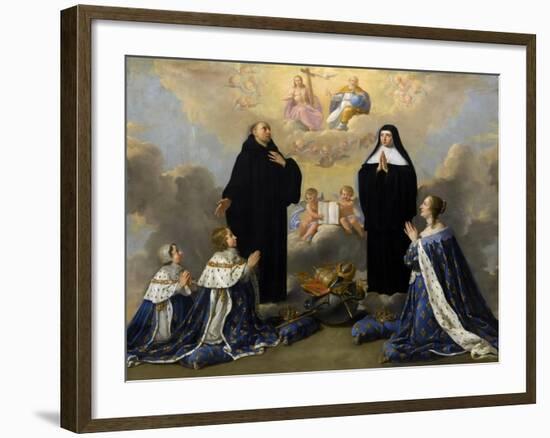 Anna of Austria with Her Children, Praying to the Holy Trinity with Saints Benedict and Scholastica-Philippe De Champaigne-Framed Giclee Print