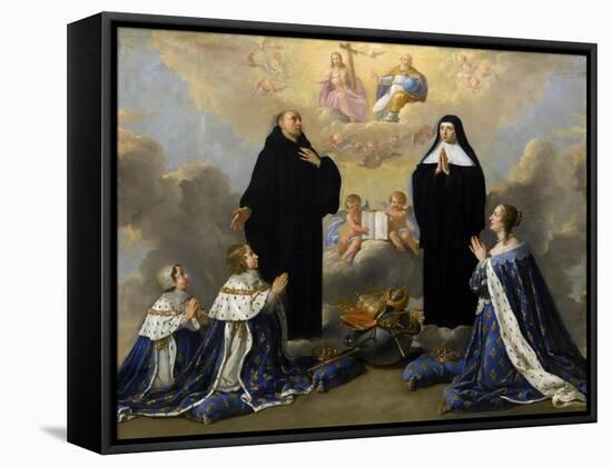 Anna of Austria with Her Children, Praying to the Holy Trinity with Saints Benedict and Scholastica-Philippe De Champaigne-Framed Stretched Canvas