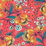 Floral Pattern with Vintage Blooming Flowers on a Red Background-Anna Paff-Mounted Art Print