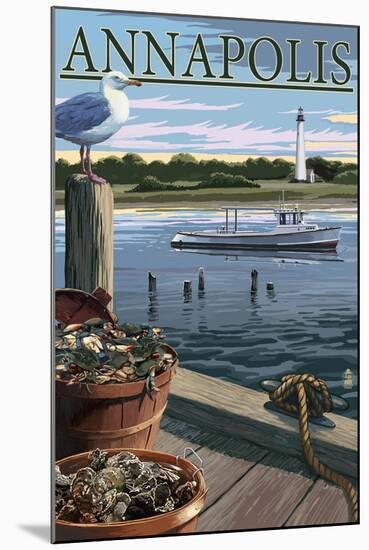 Annapolis, Maryland - Blue Crab and Oysters on Dock-Lantern Press-Mounted Art Print