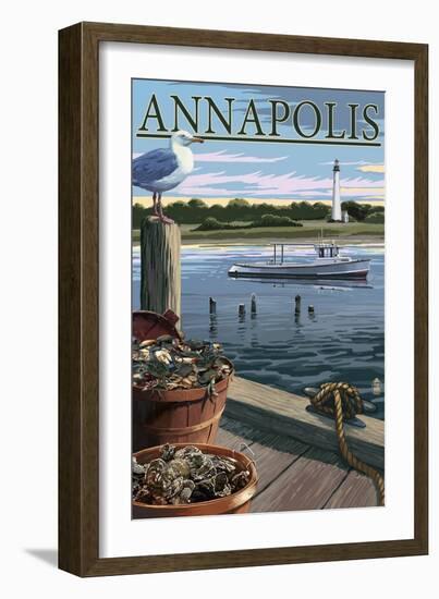 Annapolis, Maryland - Blue Crab and Oysters on Dock-Lantern Press-Framed Art Print