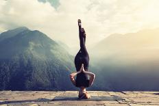 Young Woman Doing Complex Yoga Exercise Headstand with Namaste Asana. Amazing Yoga Landscape in Bea-AnnaTamila-Framed Stretched Canvas