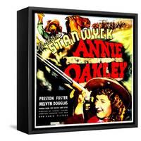 ANNIE OAKLEY, top: Moroni Olsen, bottom: Barbara Stanwyck on jumbo window card, 1935-null-Framed Stretched Canvas