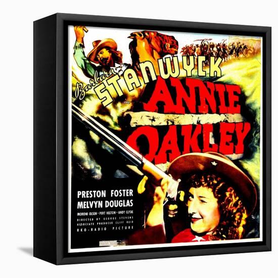 ANNIE OAKLEY, top: Moroni Olsen, bottom: Barbara Stanwyck on jumbo window card, 1935-null-Framed Stretched Canvas