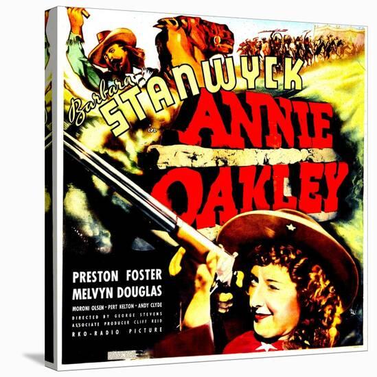 ANNIE OAKLEY, top: Moroni Olsen, bottom: Barbara Stanwyck on jumbo window card, 1935-null-Stretched Canvas