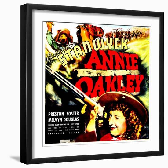 ANNIE OAKLEY, top: Moroni Olsen, bottom: Barbara Stanwyck on jumbo window card, 1935-null-Framed Art Print