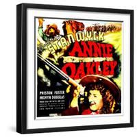 ANNIE OAKLEY, top: Moroni Olsen, bottom: Barbara Stanwyck on jumbo window card, 1935-null-Framed Art Print