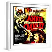 ANNIE OAKLEY, top: Moroni Olsen, bottom: Barbara Stanwyck on jumbo window card, 1935-null-Framed Art Print