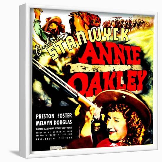 ANNIE OAKLEY, top: Moroni Olsen, bottom: Barbara Stanwyck on jumbo window card, 1935-null-Framed Art Print