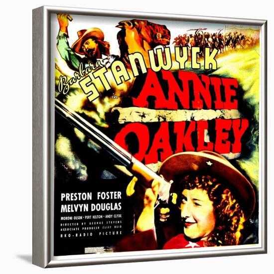 ANNIE OAKLEY, top: Moroni Olsen, bottom: Barbara Stanwyck on jumbo window card, 1935-null-Framed Art Print