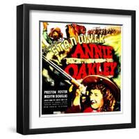 ANNIE OAKLEY, top: Moroni Olsen, bottom: Barbara Stanwyck on jumbo window card, 1935-null-Framed Art Print