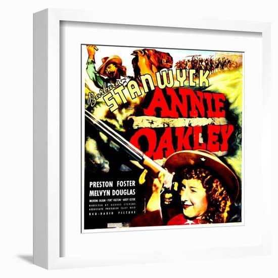 ANNIE OAKLEY, top: Moroni Olsen, bottom: Barbara Stanwyck on jumbo window card, 1935-null-Framed Art Print