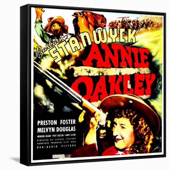 ANNIE OAKLEY, top: Moroni Olsen, bottom: Barbara Stanwyck on jumbo window card, 1935-null-Framed Stretched Canvas