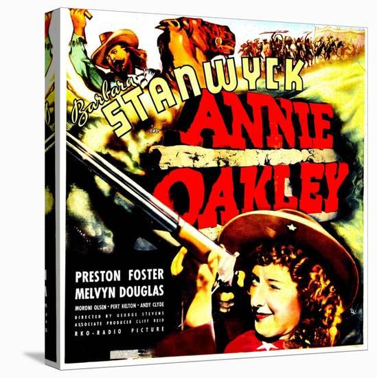 ANNIE OAKLEY, top: Moroni Olsen, bottom: Barbara Stanwyck on jumbo window card, 1935-null-Stretched Canvas