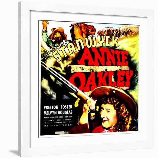 ANNIE OAKLEY, top: Moroni Olsen, bottom: Barbara Stanwyck on jumbo window card, 1935-null-Framed Art Print