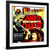 ANNIE OAKLEY, top: Moroni Olsen, bottom: Barbara Stanwyck on jumbo window card, 1935-null-Framed Art Print