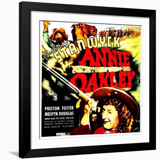 ANNIE OAKLEY, top: Moroni Olsen, bottom: Barbara Stanwyck on jumbo window card, 1935-null-Framed Art Print