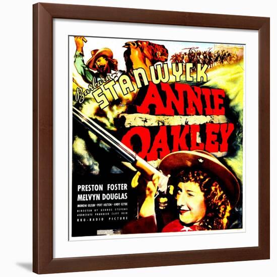 ANNIE OAKLEY, top: Moroni Olsen, bottom: Barbara Stanwyck on jumbo window card, 1935-null-Framed Art Print