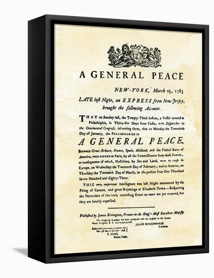 Announcement of Peace Treaty Ending the Revolutionary War, Printed in New York City, March 25, 1783-null-Framed Stretched Canvas