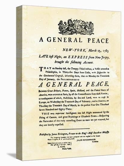 Announcement of Peace Treaty Ending the Revolutionary War, Printed in New York City, March 25, 1783-null-Stretched Canvas
