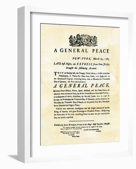 Announcement of Peace Treaty Ending the Revolutionary War, Printed in New York City, March 25, 1783-null-Framed Giclee Print