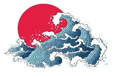 Asian Illustration of Ocean Waves and Sun. Isolated on a White Background.-Annykos-Stretched Canvas