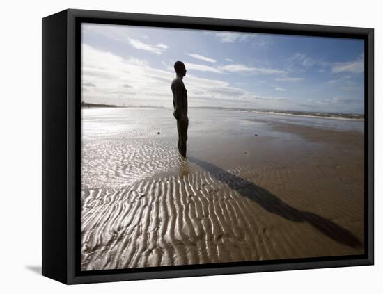 Another Place Sculpture by Antony Gormley on the Beach at Crosby, Liverpool, England, UK-Martin Child-Framed Stretched Canvas