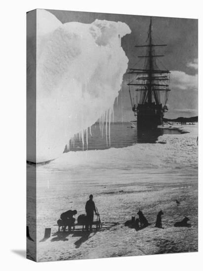 Antarctic Expedition of Robert Scott on Ice with Ship "Terra Nova" Anchored in Background-null-Stretched Canvas