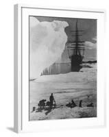 Antarctic Expedition of Robert Scott on Ice with Ship "Terra Nova" Anchored in Background-null-Framed Photographic Print