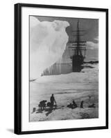 Antarctic Expedition of Robert Scott on Ice with Ship "Terra Nova" Anchored in Background-null-Framed Photographic Print