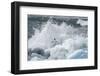 Antarctica, Antarctic Peninsula, Brown Bluff Adelie penguin, crashing wave.-Yuri Choufour-Framed Photographic Print