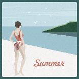 Summer Holidays Retro Poster Woman the Beach Vintage Vector Background-AntartStock-Art Print