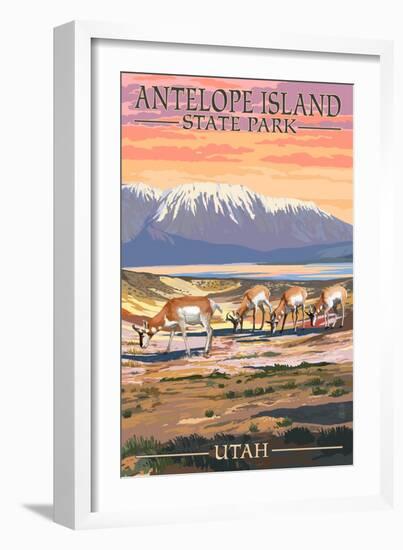 Antelope Island State Park, Utah - Antelope Scene-Lantern Press-Framed Art Print