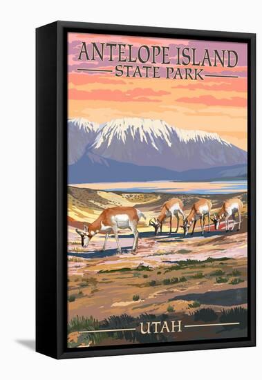 Antelope Island State Park, Utah - Antelope Scene-Lantern Press-Framed Stretched Canvas