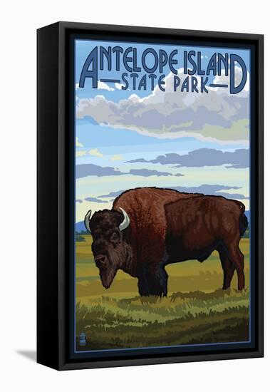 Antelope Island State Park, Utah - Bison and Field-Lantern Press-Framed Stretched Canvas