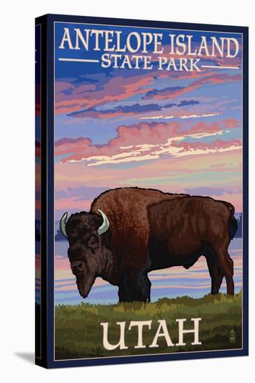 Antelope Island State Park, Utah - Bison and Sunset-Lantern Press-Stretched Canvas