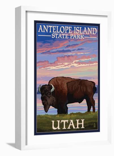 Antelope Island State Park, Utah - Bison and Sunset-Lantern Press-Framed Art Print