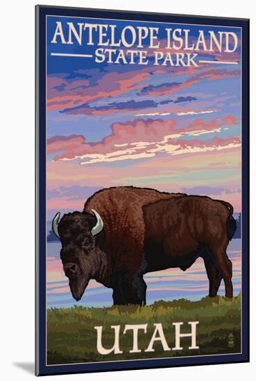 Antelope Island State Park, Utah - Bison and Sunset-Lantern Press-Mounted Art Print