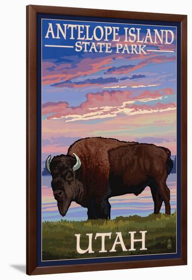 Antelope Island State Park, Utah - Bison and Sunset-Lantern Press-Framed Art Print